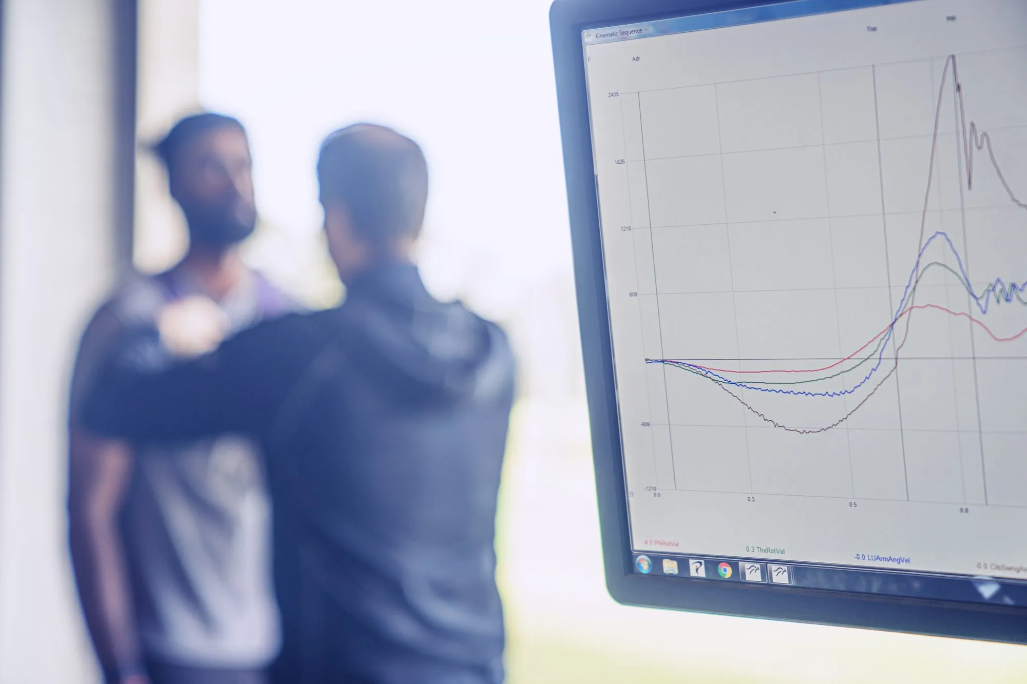 Kinematic sequence graph showing pelvis, thorax, arm and club rotational
               velocities peaking in order through a golf swing